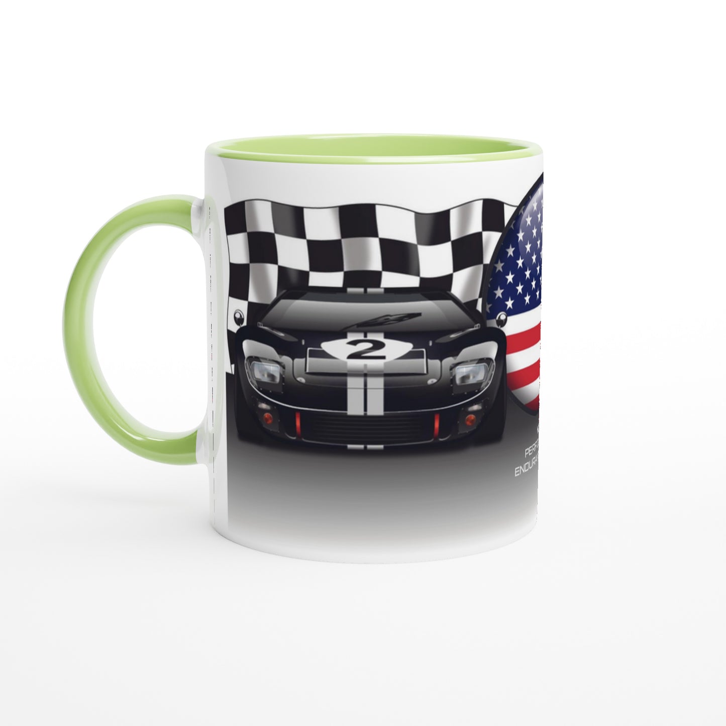 Ford GT40 Mug - Endurance Racing Car Mug on a US Flag background