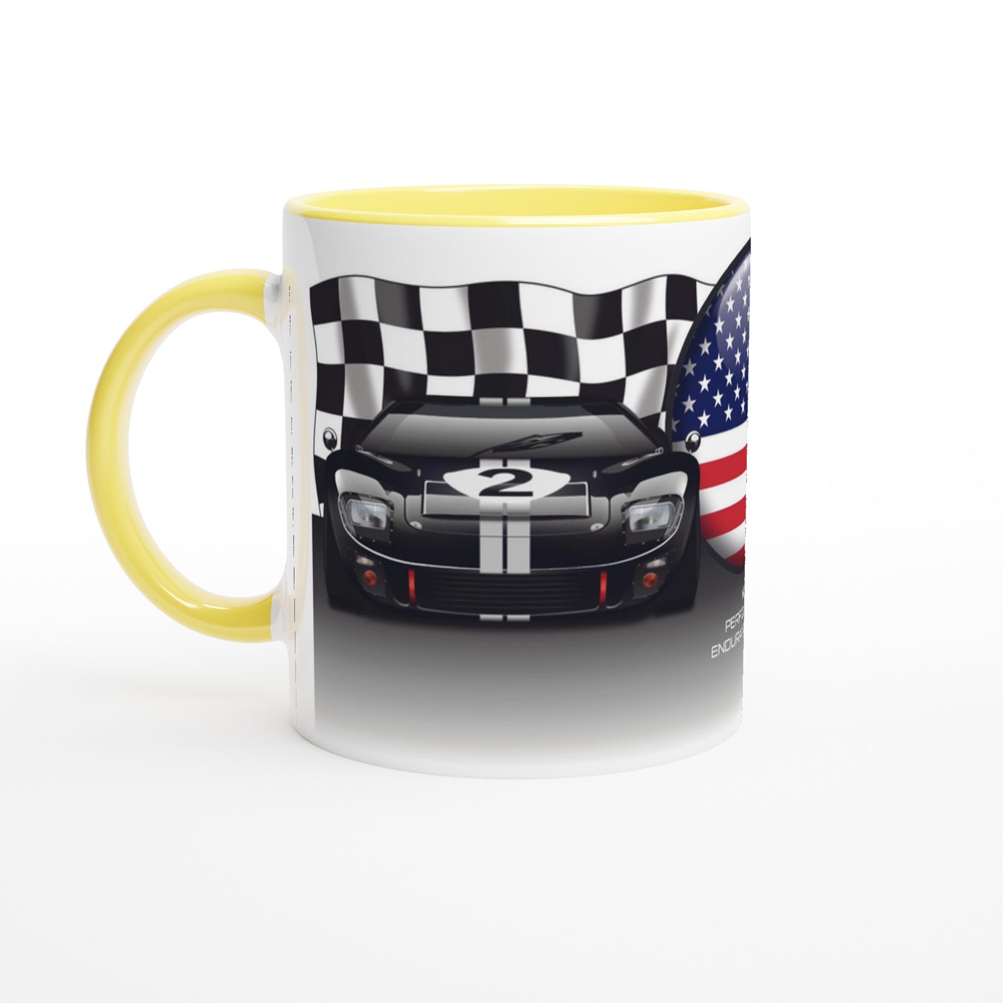 Ford GT40 Mug - Endurance Racing Car Mug on a US Flag background