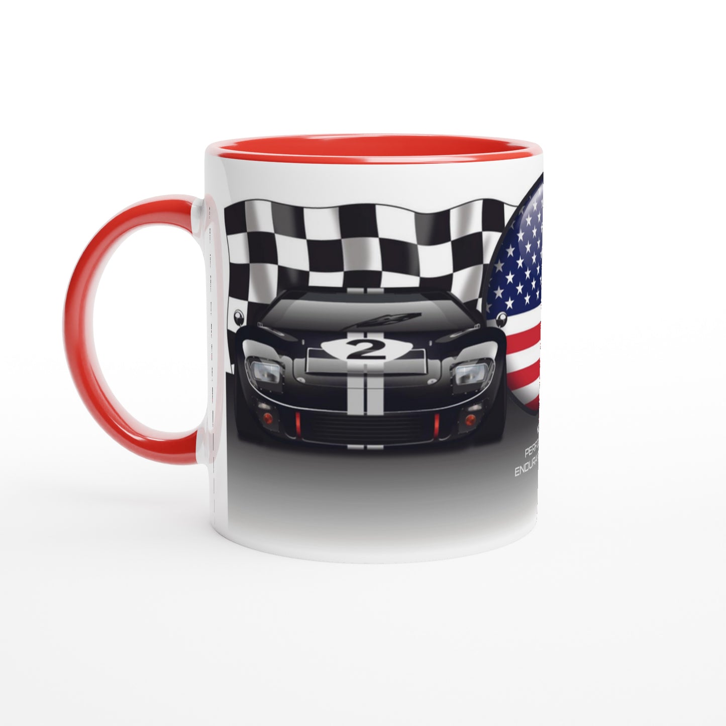 Ford GT40 Mug - Endurance Racing Car Mug on a US Flag background