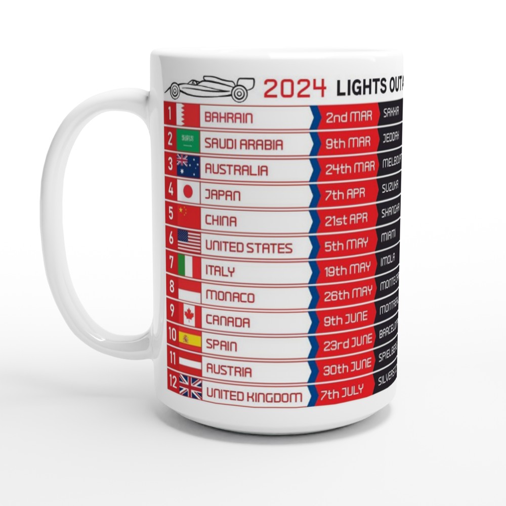 Formula 1 FIXTURES 2024 XL Mug - Formula 1 schedules calendar - 15oz Mug - 2023 2022 Seasons Also Available