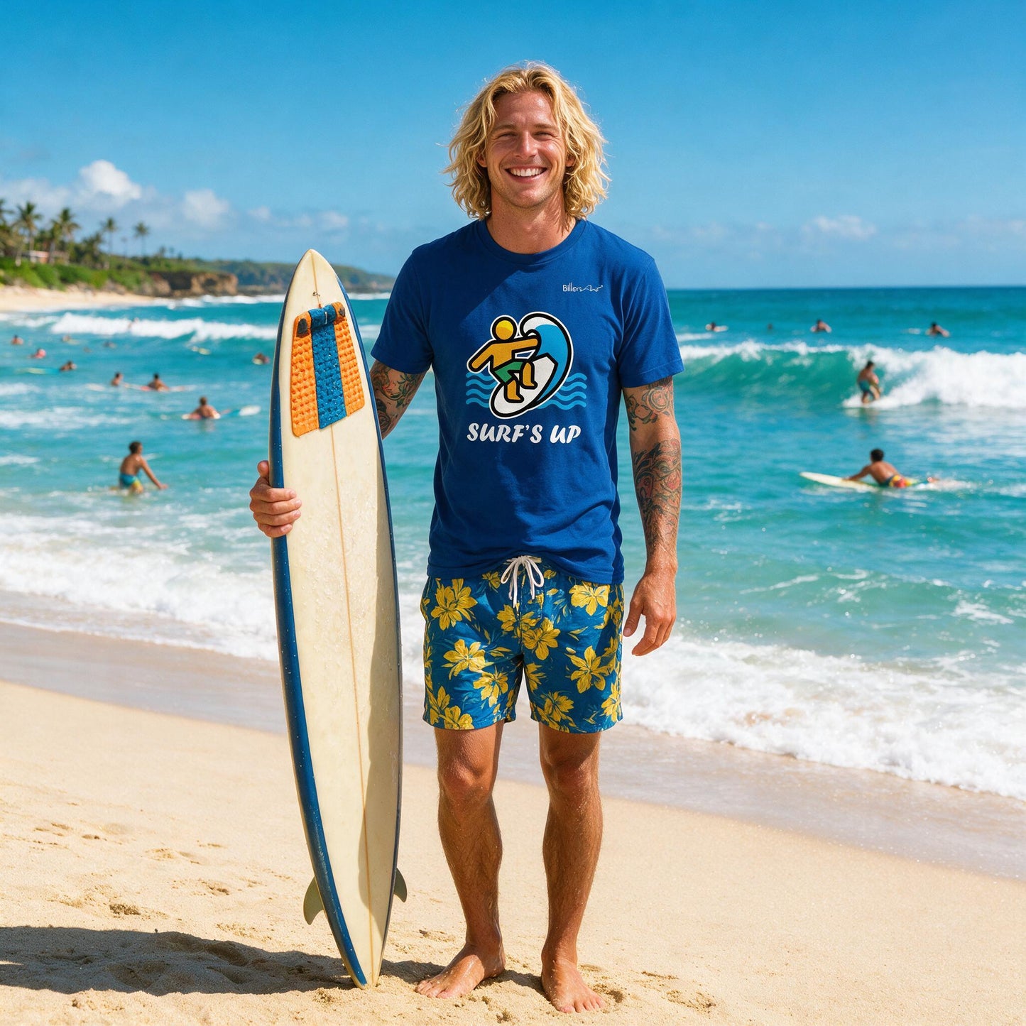 Fun Surf's Up Surfing Guy Emoji t-shirt